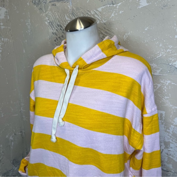 J crew rugby stripe M vintage fleece hooded sweatshirt pink mustard collegiate - Picture 2 of 6